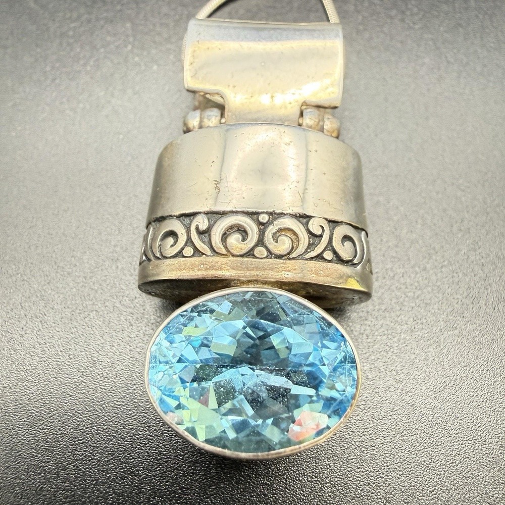 Sterling Silver Blue Topaz Pendant Necklace 925 Large Oval Stunning Piece